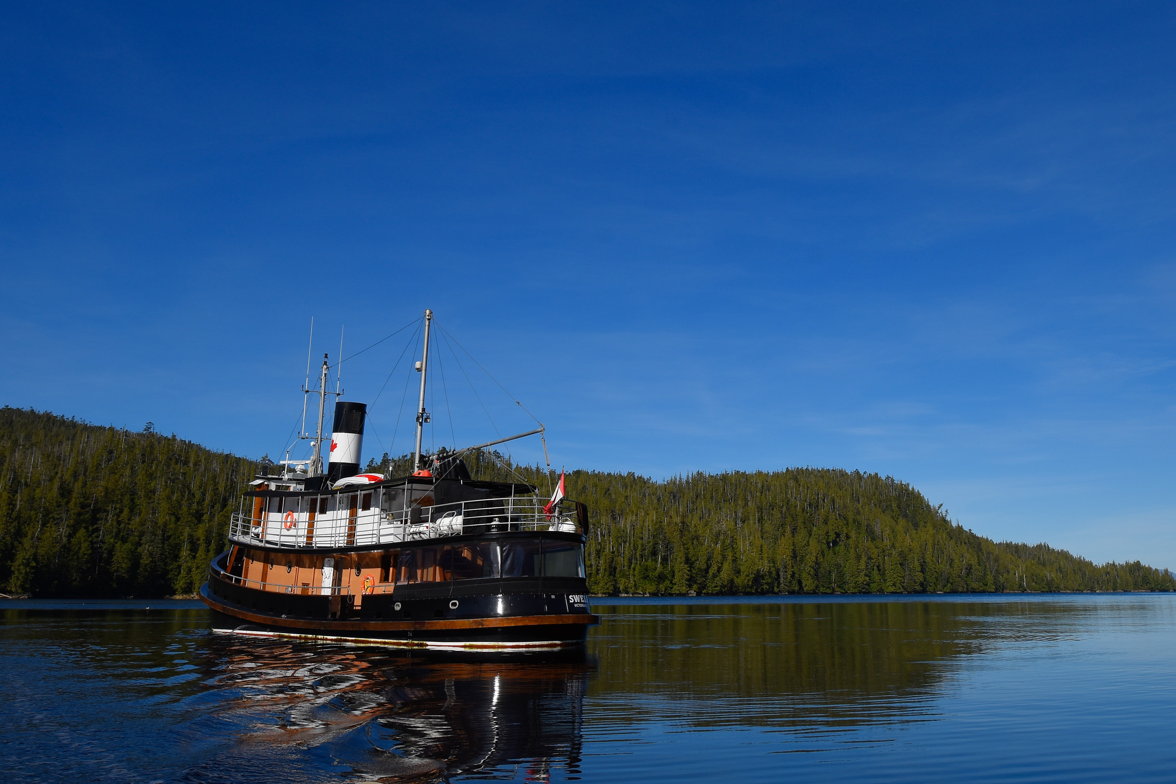 M.V. Swell at anchor in Racey Inlet, British Columbia