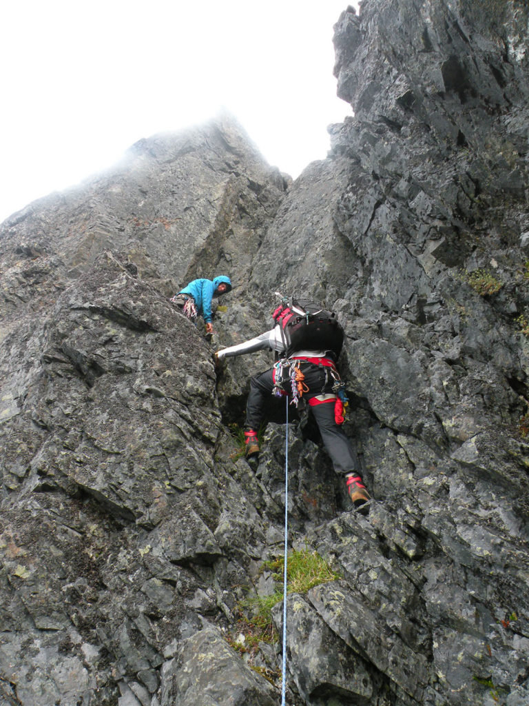 Hunter Lee and Garner Bergeron on the lower pitches of the NW Arete, Mt Colonel Foster.